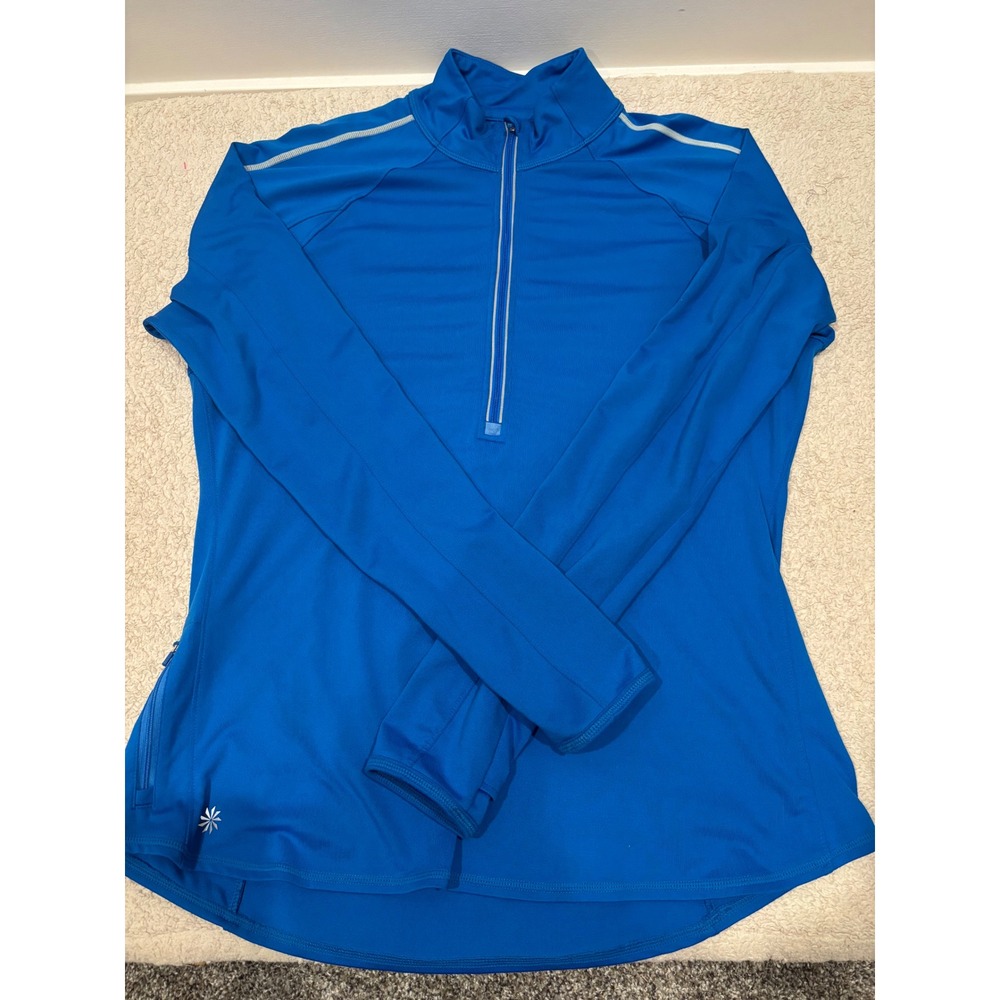 Athleta Womens XL Blue Reflective Quarter Zip Running Top 243315 Thumbholes